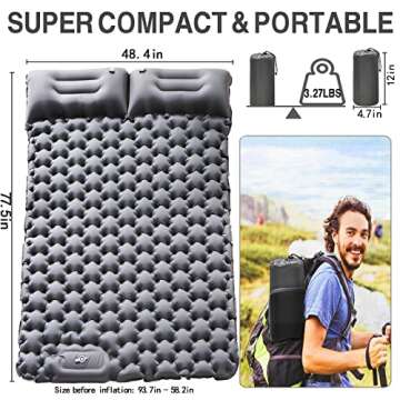 ABTOHE Double Sleeping Pad Camping, Self Inflating 4'' Extra-Thick 2 Person Pillow Built-in Foot Pump Waterproof Inflatable Sleeping Mat Backpacking, Tent, Hiking, Portable Camping Pad (Grey-Full)