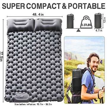 ABTOHE Double Sleeping Pad Camping, Self Inflating 4'' Extra-Thick 2 Person Pillow Built-in Foot Pump Waterproof Inflatable Sleeping Mat Backpacking, Tent, Hiking, Portable Camping Pad (Grey-Full)