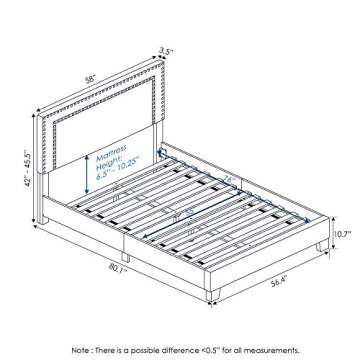 Furinno Laval Double Row Nail Head Upholstered Platform Bed Frame, Full, Linen