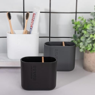 Toothbrush Holders Bamboo Electric Toothbrush Holder Bathroom Storage Organizer Countertop for Toothpaste, Floss, Razor, White