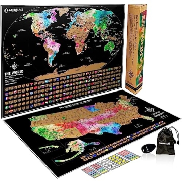 Landmass Scratch Off World Map Poster, Bonus USA Map Included, Track Your Travels with Flags, Detail...