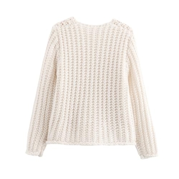 Chevara Women’s Cropped Knit Cardigan Long Sleeve Crewneck Button Down Fall Sweater with Pockets(0113-White-L-CW)