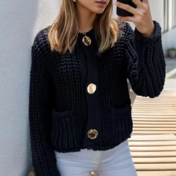 Chevara Women’s Cropped Knit Cardigan Long Sleeve Crewneck Button Down Fall Sweater with Pockets(0113-White-L-CW)