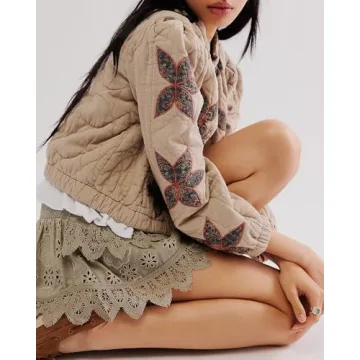 Gacaky Women's Floral Embroidered Quilted Winter Jacket