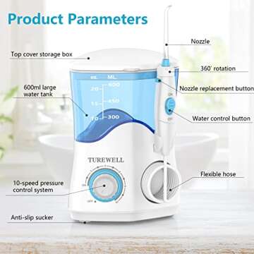 TUREWELL Water Dental Flosser for Teeth/Braces, Water Teeth Cleaner 8 Jet Tips and 10 Pressure Level...