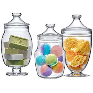 Amazing Abby - Keep - Acrylic Apothecary Jars (3-Piece Set), Plastic Jars with Lids, Bathroom Canist...
