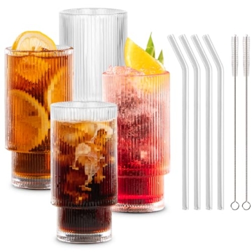 Combler Glass Cups with Straws, Drinking Glasses Set of 4, 11oz Cute Ribbed Glassware for Water Cock...