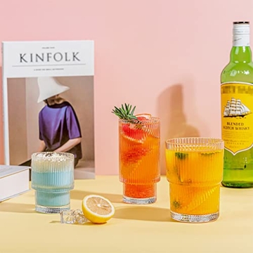 Combler Glass Cups Set of 4 - Cute Ribbed 11oz Glassware