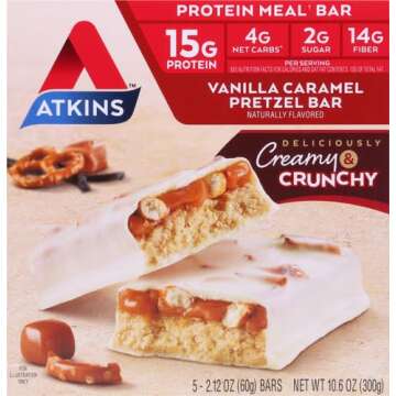 Atkins Vanilla Caramel Pretzel Protein Meal Bar, High Fiber, 2g Sugar, 4g Net Carbs, Meal Replacemen...