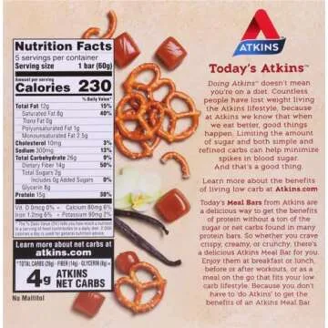 Atkins Vanilla Caramel Pretzel Protein Meal Bar, High Fiber, 2g Sugar, 4g Net Carbs, Meal Replacement, Keto Friendly, 5 Count