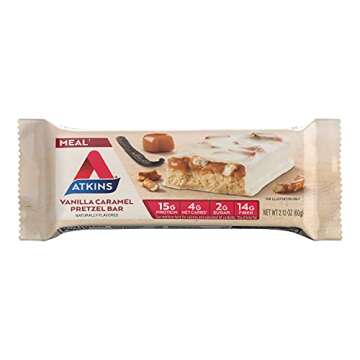 Atkins Vanilla Caramel Pretzel Protein Meal Bar, High Fiber, 2g Sugar, 4g Net Carbs, Meal Replacement, Keto Friendly, 5 Count