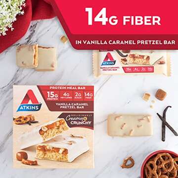 Atkins Vanilla Caramel Pretzel Protein Meal Bar, High Fiber, 2g Sugar, 4g Net Carbs, Meal Replacement, Keto Friendly, 5 Count