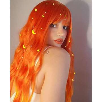 Netgo Orange Fire Wig for Women Long Wavy Heat Resistant Fiber Wigs Side Bangs Cosplay Party