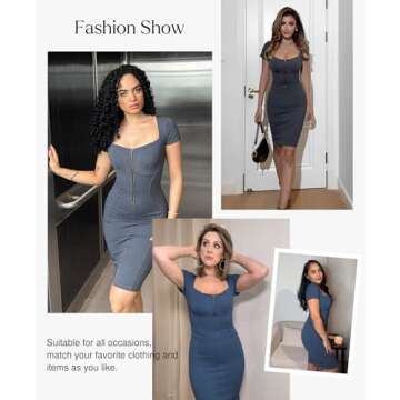 Popilush Shapewear Dress Faux Denim Midi Pencil Dress Tummy Control Jean Bodycon Dress with Zipper f...