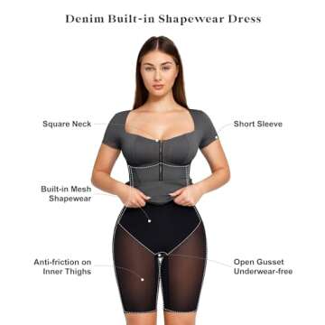 Popilush Shapewear Dress Faux Denim Midi Pencil Dress Tummy Control Jean Bodycon Dress with Zipper for Women 2024