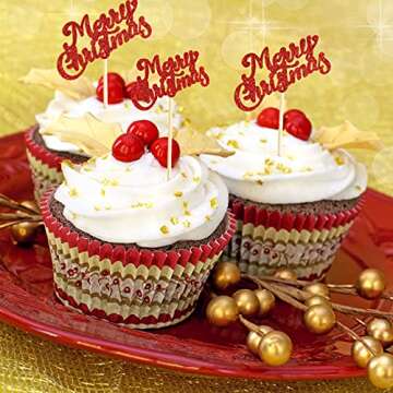 60 Pieces Red Merry Christmas Cupcake Toppers Glitter Xmas Holiday Cake Decor