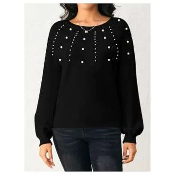 Verdusa Women's Pearl Pullover Sweaters Long Sleeve Round Neck Cute Dressy Casual Knitted Sweater Black Pearls Medium