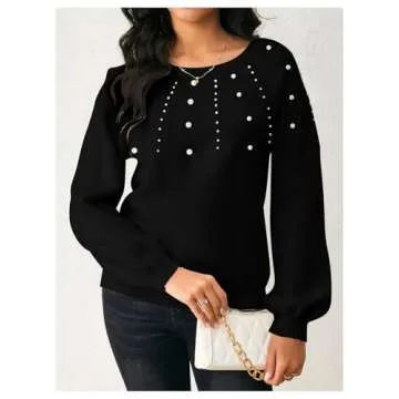 Verdusa Women's Pearl Pullover Sweaters Long Sleeve Round Neck Cute Dressy Casual Knitted Sweater Black Pearls Medium
