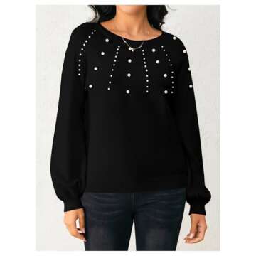 Verdusa Women's Pearl Pullover Sweaters Long Sleeve Round Neck Cute Dressy Casual Knitted Sweater Black Pearls Medium