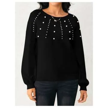 Verdusa Women's Pearl Pullover Sweaters Long Sleeve Round Neck Cute Dressy Casual Knitted Sweater Black Pearls Medium