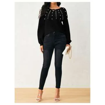 Verdusa Women's Pearl Pullover Sweaters Long Sleeve Round Neck Cute Dressy Casual Knitted Sweater Black Pearls Medium