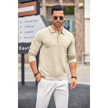COOFANDY Men's Long Sleeve Polo Shirt Casual Knit Button Down Golf Shirt Cream