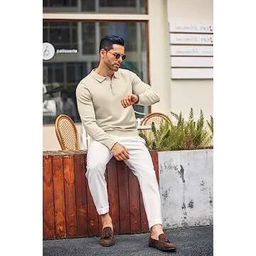 COOFANDY Men's Long Sleeve Polo Shirt Casual Knit Button Down Golf Shirt Cream
