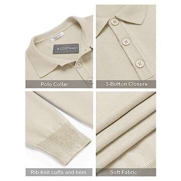COOFANDY Men's Long Sleeve Polo Shirt Casual Knit Button Down Golf Shirt Cream