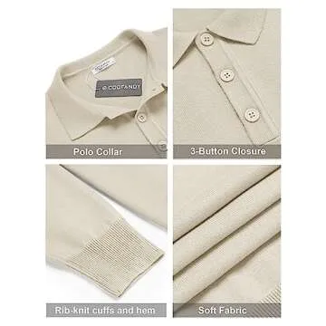 COOFANDY Men's Long Sleeve Polo Shirt Casual Knit Button Down Golf Shirt Cream
