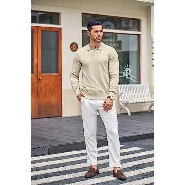 COOFANDY Men's Long Sleeve Polo Shirt Casual Knit Button Down Golf Shirt Cream