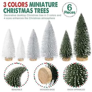 6pcs Mini Christmas Trees Christmas Decor, Artificial Christmas Mini Bottle Brush Trees Tabletop, Christmas Decoration Trees with 4 Size Xmas Holiday Decor (6pcs Green+Silver+White)