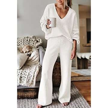 Viottiset Women's 2 Piece Outfits Casual V Neck Knit Wide Leg Sweater Lounge Set Sweatsuit White Small