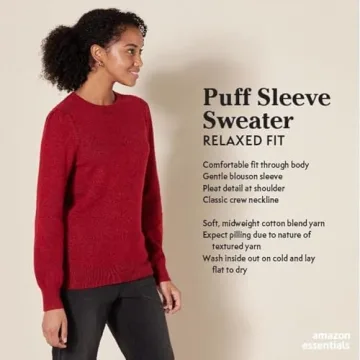 Amazon Essentials Women's Soft Touch Pleated Shoulder Crewneck Sweater, Dark Red, Small