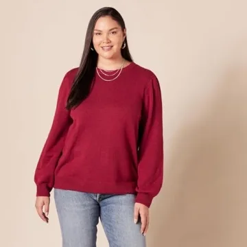 Amazon Essentials Women's Soft Touch Pleated Shoulder Crewneck Sweater, Dark Red, Small