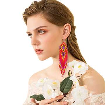 Royalbeier Beaded Earrings Oversized Handmade Seed Beaded Drop Earrings Long Beaded Navajo Indian Dangle Earrings for Women Ladies,Red