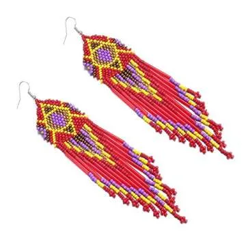 Royalbeier Beaded Earrings Oversized Handmade Seed Beaded Drop Earrings Long Beaded Navajo Indian Dangle Earrings for Women Ladies,Red
