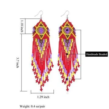 Royalbeier Beaded Earrings Oversized Handmade Seed Beaded Drop Earrings Long Beaded Navajo Indian Dangle Earrings for Women Ladies,Red