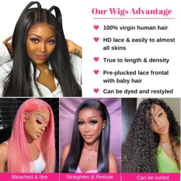 SISLOVV Glueless HD Lace Front Wigs Human Hair Pre Plucked with Baby Hair 180 Density 4x4 Straight Lace Closure Human Hair Wigs for Black Women Natural Black Color (22inch)