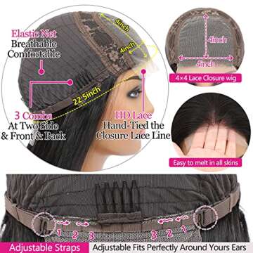 SISLOVV Glueless HD Lace Front Wigs Human Hair Pre Plucked with Baby Hair 180 Density 4x4 Straight Lace Closure Human Hair Wigs for Black Women Natural Black Color (22inch)