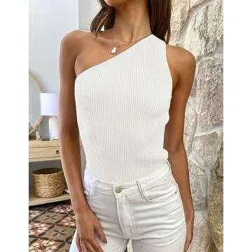 ZESICA Women's One Shoulder Tank Summer Sleeveless T Shirt Ribbed Knit Slim Fit Sexy Casual Basic Tee Tops,White,Small