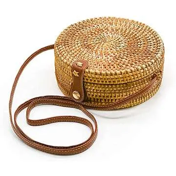 OUTLEYNY Handwoven Round Rattan Straw Beach Bag for Women – Adjustable Crossbody & Shoulder Bag wi...