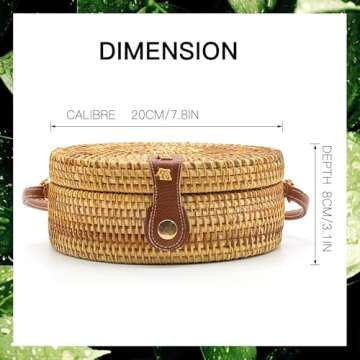 OUTLEYNY Handwoven Round Rattan Straw Beach Bag for Women – Adjustable Crossbody & Shoulder Bag with Leather Strap, Boho Chic Summer Accessory