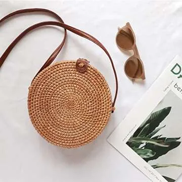 OUTLEYNY Handwoven Round Rattan Straw Beach Bag for Women – Adjustable Crossbody & Shoulder Bag with Leather Strap, Boho Chic Summer Accessory