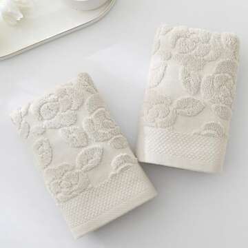 YiLUOMO Lime White Embossed Floral Pattern Hand Towel Set of 2 Super Soft 100% Cotton Highly Absorbe...