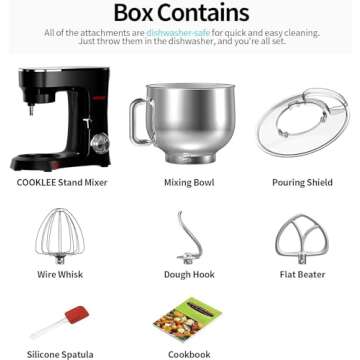COOKLEE Stand Mixer, 9.5 Qt. 660W 10-Speed Electric Kitchen Mixer with Dishwasher-Safe Dough Hooks, Flat Beaters, Wire Whip & Pouring Shield Attachments for Most Home Cooks,SM-1551,Black