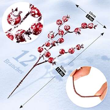 Whaline 12 Pack Christmas Artificial Berry Picks Xmas Winter Frosted Red Berry Stems 11.8inch Fake S...