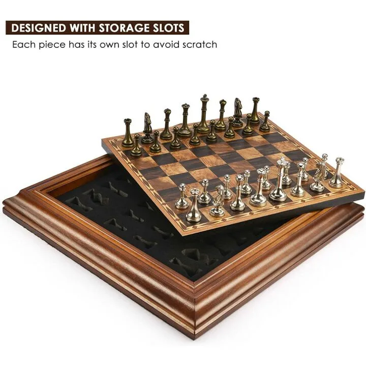 AMEROUS 14" Chess Set with Metal Pieces & Storage