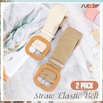 SUOSDEY Straw Woven Elastic Belt for Women - 2 Pack