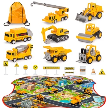 Meland Construction Toy Trucks - 8 Mini Vehicles & Mat for Kids
