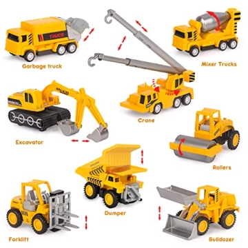 Meland Construction Toy Trucks - 8 Mini Vehicles & Mat for Kids